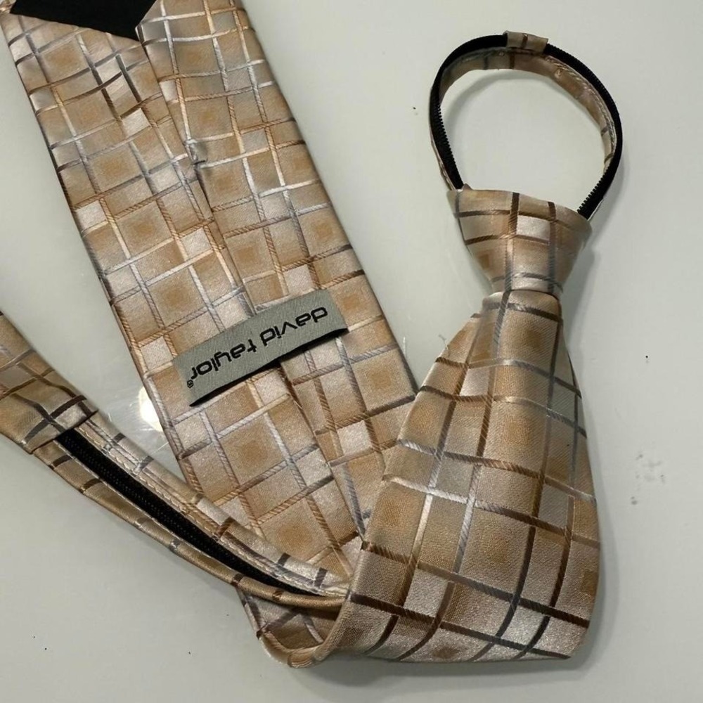 Vintage Black‎ Brown and grey checkered silk tie with hidden zipper